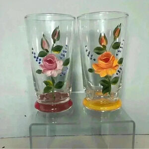 COPY - Pair of hand painted Libbey tumblers. Floral  motive and painted bases.